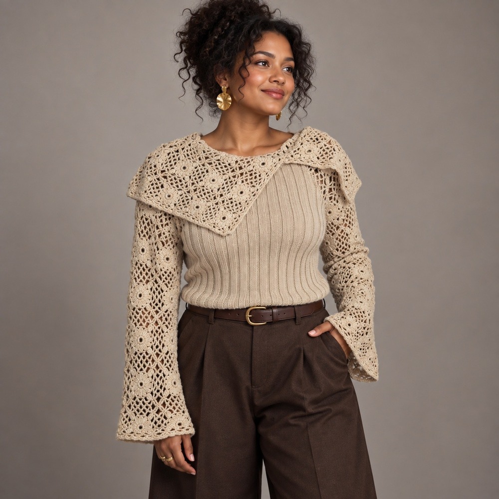 Newport News Floral Crochet Sweater XL Beige Asymmetrical Collar Boho